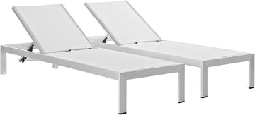 Shore Aluminum Textilene Mesh Outdoor Patio Two Poolside Chaise Lounge Chairs in Silver White