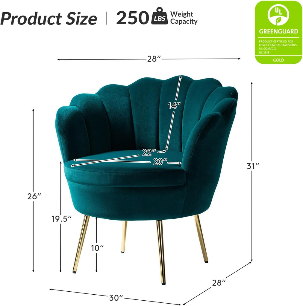 Modern Velvet Accent Chairs Set of 2 with Channel Tufted Seashell Back, Cute Living Room Bedroom Armchairs with Gold