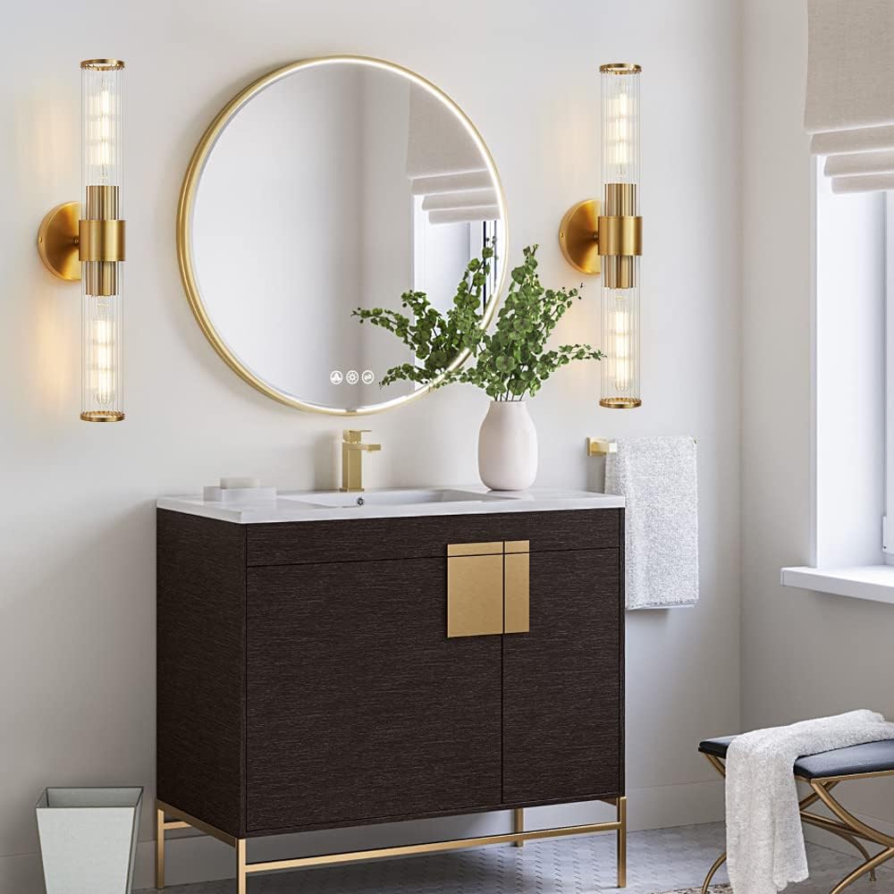 Hardwired Gold Vanity Light Threaded Glass Wall Sconce 2 Pack | Up & Down Bidirectional Lighting, Damp Rated s