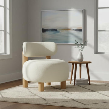 Modern Boucle Accent Chair, with Plush Faux Sherpa Upholstery, Curved Backrest, Solid Wood Legs Bedroom Reading Nook