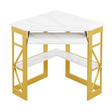 Corner Computer Desk 41 x 30 inches with Smooth Keyboard & Storage Shelves Workstation, White & Gold