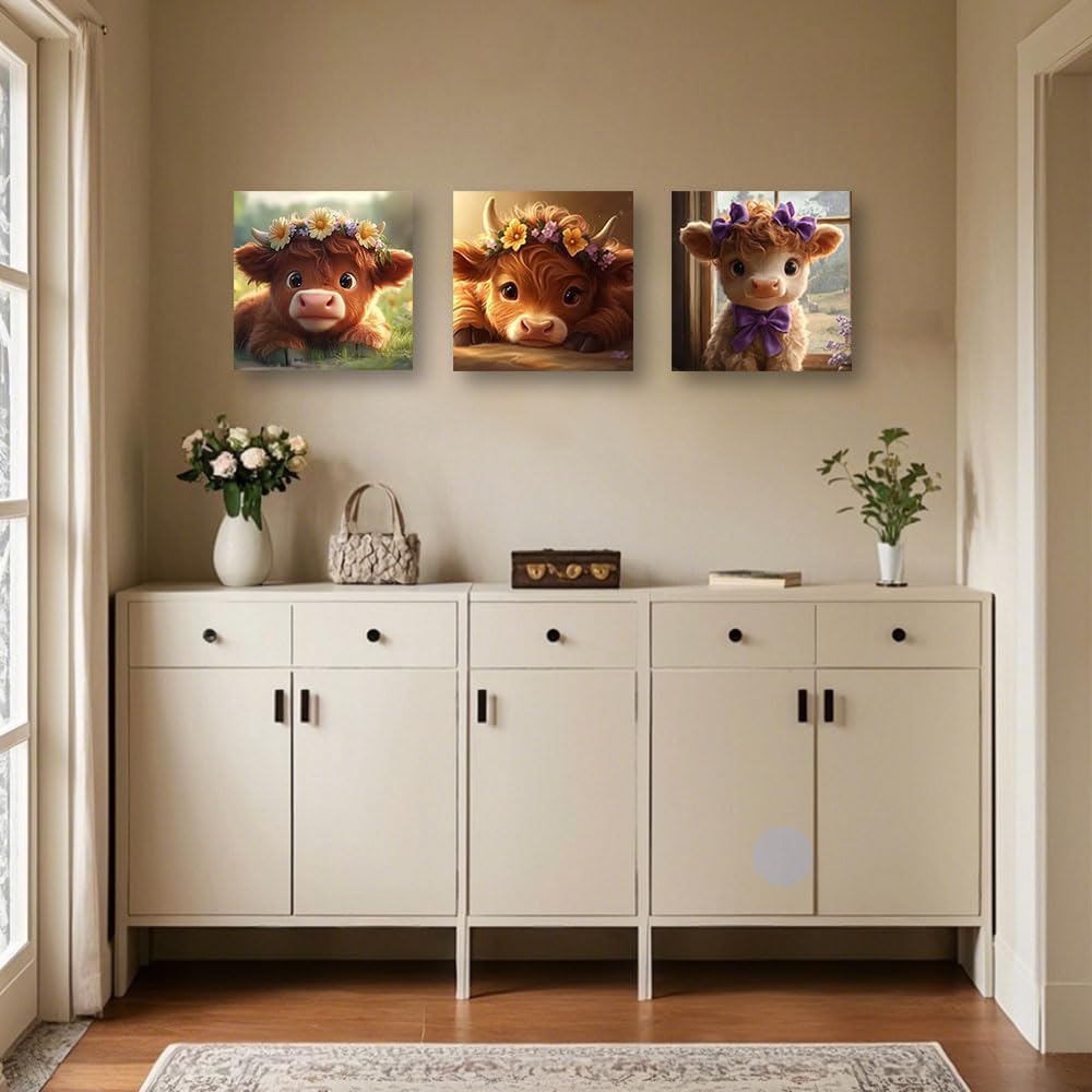 Highland Cow Wall Art Cute Animal Canvas Print 3 Pieces Baby Highland Cow Picture Farm Animal Prints Farmhouse Kids - Set of 3