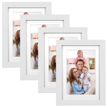 4x6 Picture Frame Set of 4 White Wood Grain Frames for 4x6 Photos with Mat or 5x7 Without Mat, Wall or Tabletop
