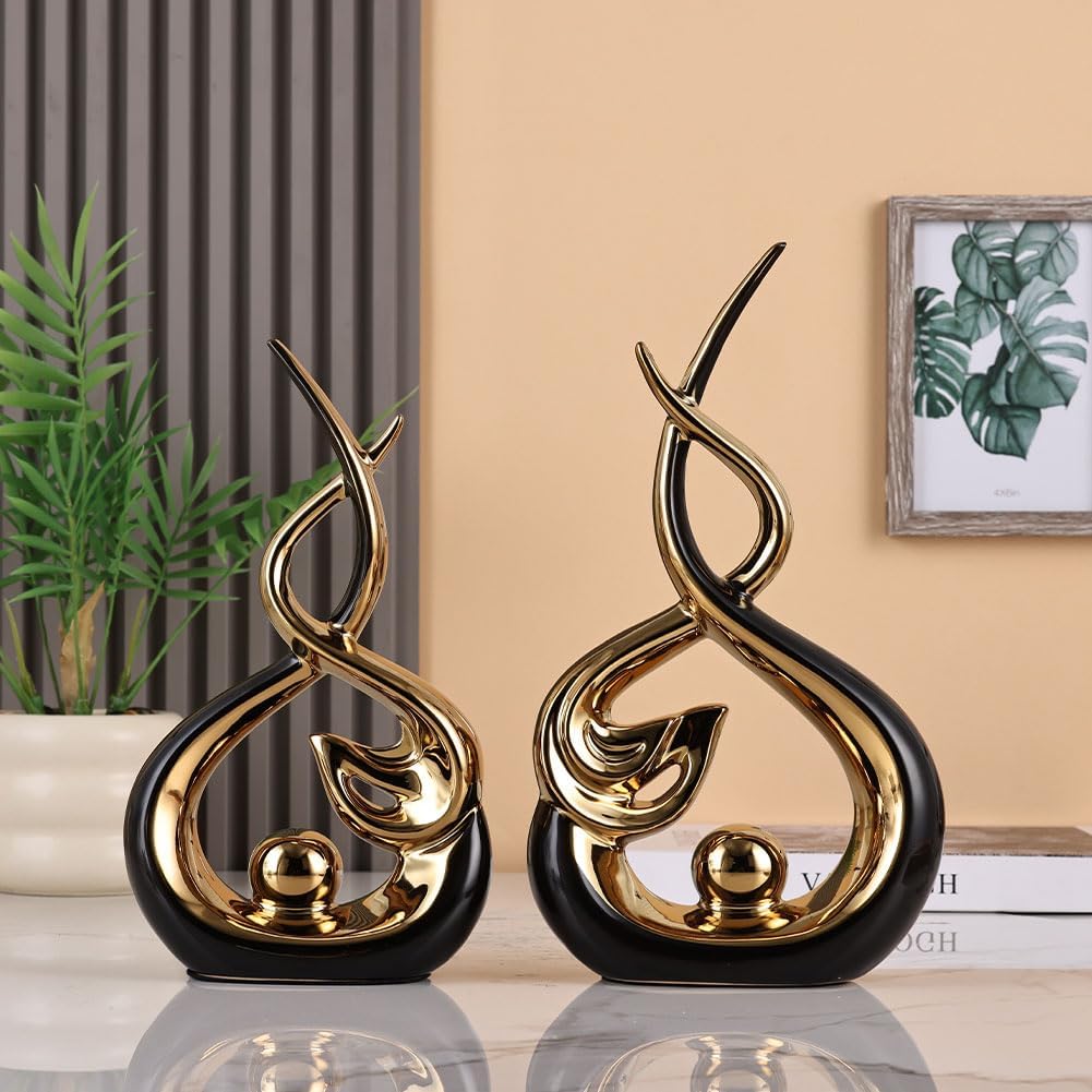 Home Decor Modern Abstract Art Ceramic Statue - Black and Gld Ceramic Sculpture, Dining Table Centerpiece Decor