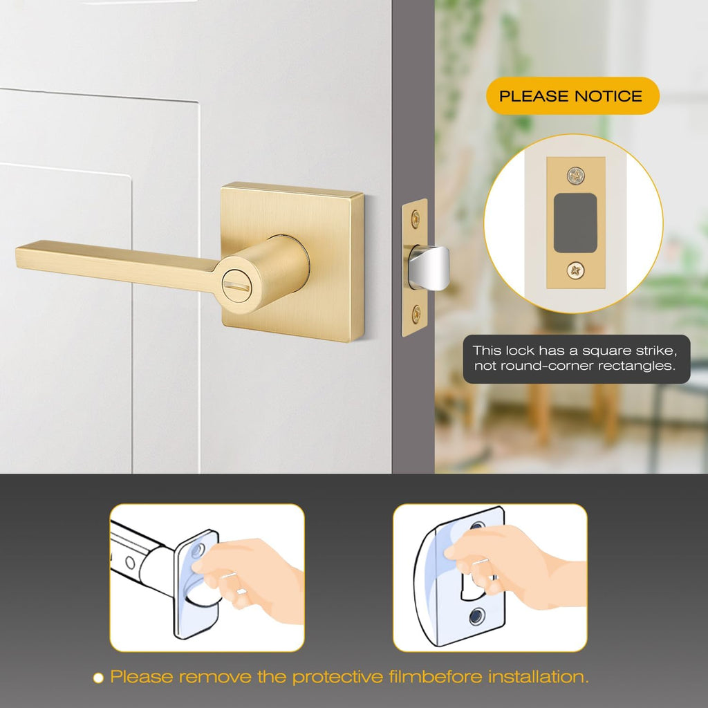 2 Pack Gold Door Knobs Interior, Satin Brass Privacy Door Lever