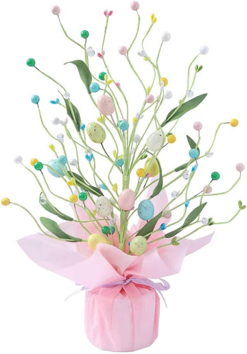 Easter Egg Tree Table Decor, 16.53 Inch Pre-Lit Artificial Easter Tree with Pastel Eggs & Berries, Spring Centerpiece