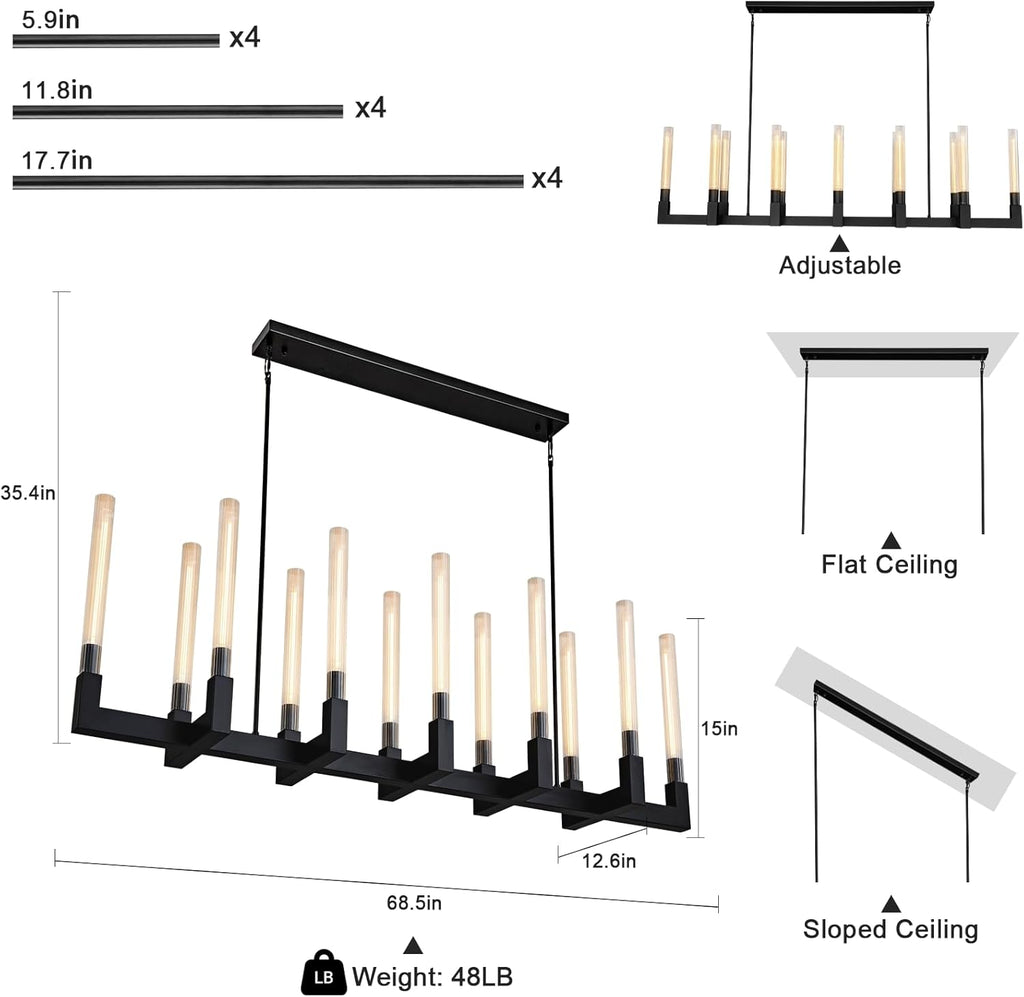 Inspired Cannele Style 68-Inch 12-Light Black Modern Chandelier with Knurled Glass Tube Shades, Rectangular Luxury Ceiling Pendant Light Fixture for Dining Room, Living Room, or Foyer