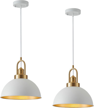 Farmhouse 11.81" White Pendant Light with Gold Finish, Industrial Metal Hanging Lighting Fixtures, Adjustable Height