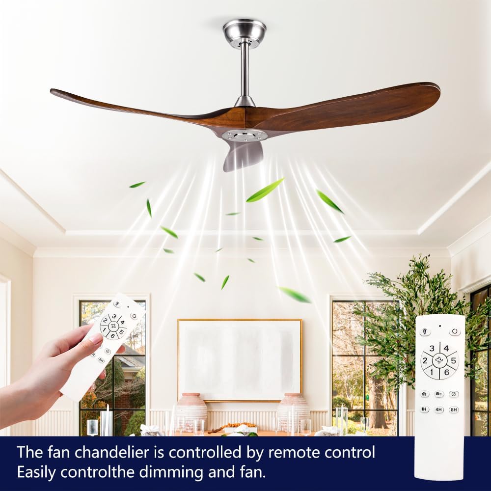 52 Inch Outdoor Ceiling Fan with Remote Control - Solid Wood 3 Blade, Water Resistant, Walnut
