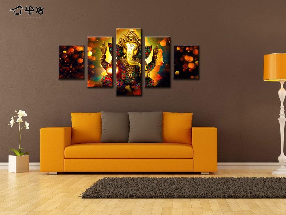 Large 5 Panel Hindu God Ganesha Wall Art - Traditional Indian Canvas Prints Decor (Framed)
