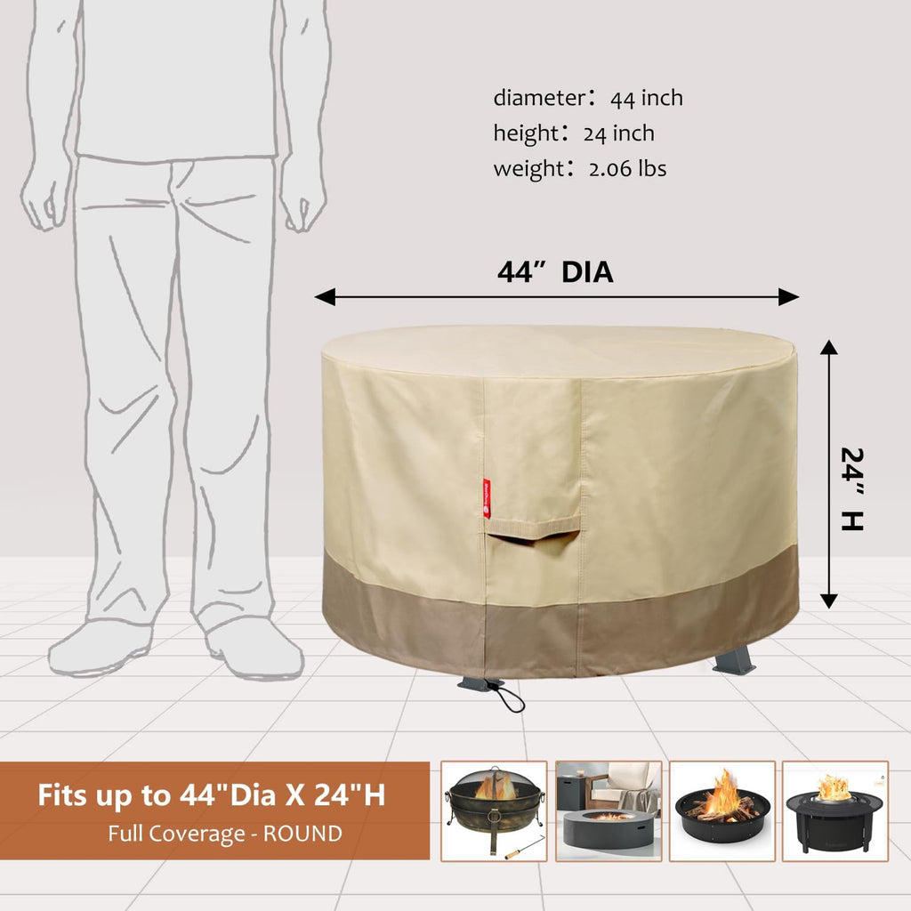 Round 44 Inch Fire Pit Cover - Waterproof 600D Heavy Duty - Fits 40-44 Inch Outdoor Fire Pit Tables - Beige
