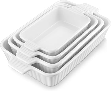 Casserole Dishes for Oven, Ceramic Dishes Set of 4, White | Rectangular Deep Lasagna Pans with Handles for Roasting