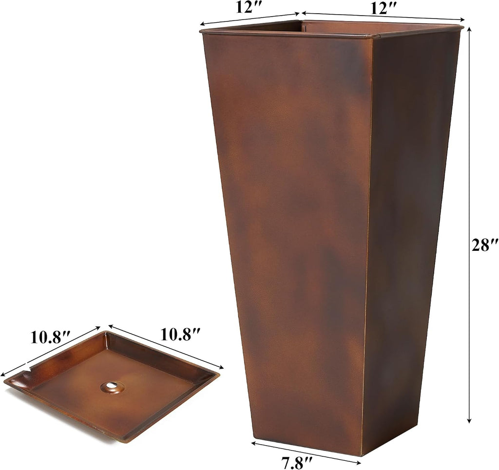 12" Dia x 28" H Large Metal Planter Set of 2, Matte Bronze Retro Finish Tall Square Tapered Steel Plant Pots, Decor