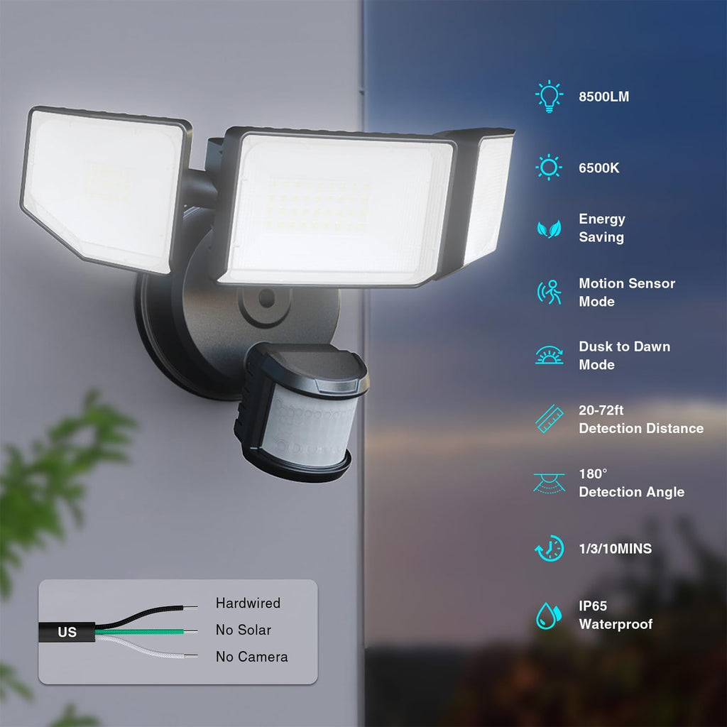 85W Motion Sensor Outdoor Light, 8500LM Ultra-Bright LED Security Light with 3 Adjustable Heads, IP65 Waterproof Dusk