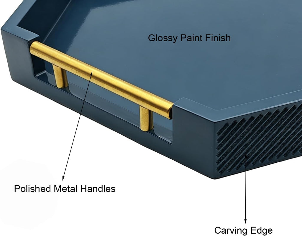 Hexagon Decorative Serving Tray with Polished Gold-Tone Metal Handles, Black Glossy Finish, Large Ottoman and Coffee