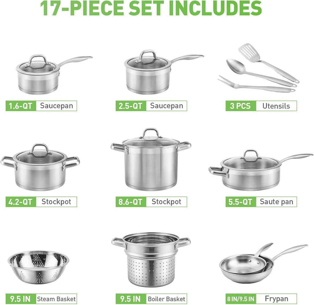 Professional Stainless Steel Pots and Pans Set, 17PC Induction Cookware Set, Impact-bonded Technology | Family