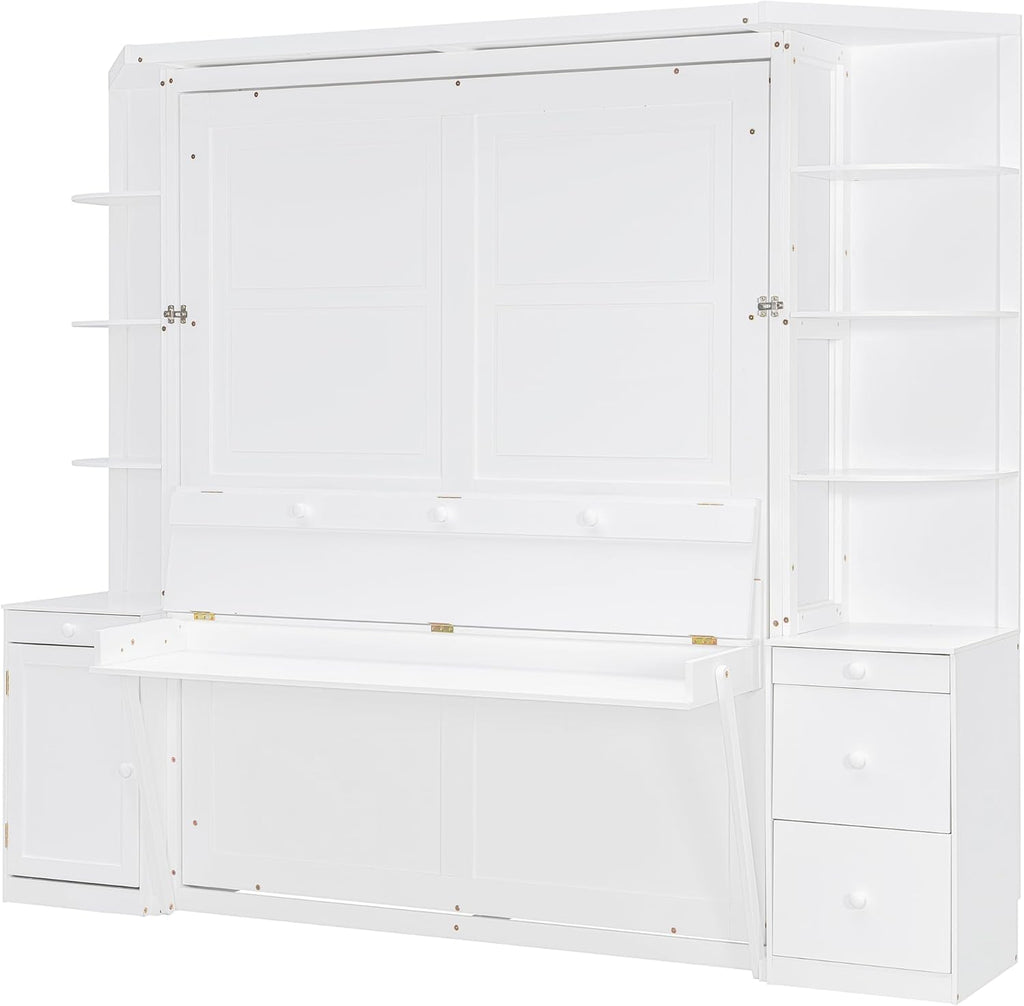 Murphy Bed with Desk, Lights, Storage Shelves and Cabinets, Hidden Wall Bed for Home Office, Space-Saving Design
