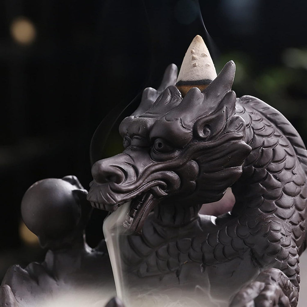 Dragon Waterfall Incense Holder - Ceramic Backflow Burner with Skull Head, Zen Meditation Decor, Yoga Studio - Unique