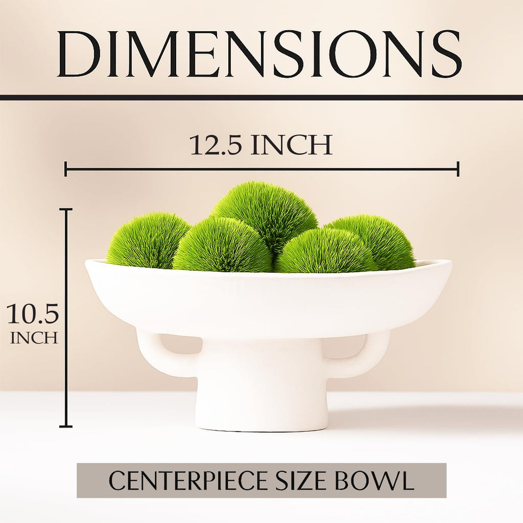 Luxurious White Textured Ceramic Bowl and Greenery Set,12.5x10.5 Inch Pedestal Decorative Bowl, with 6 Green