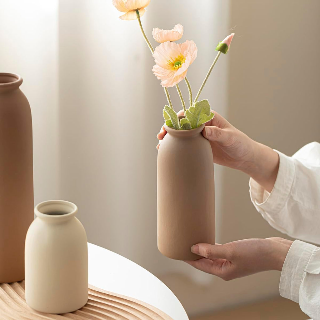 10.4 inches Tall Decorative Ceramic Vase Set, 3 Pieces, Nordic Modern Boho Style, White, Modern Farmhouse