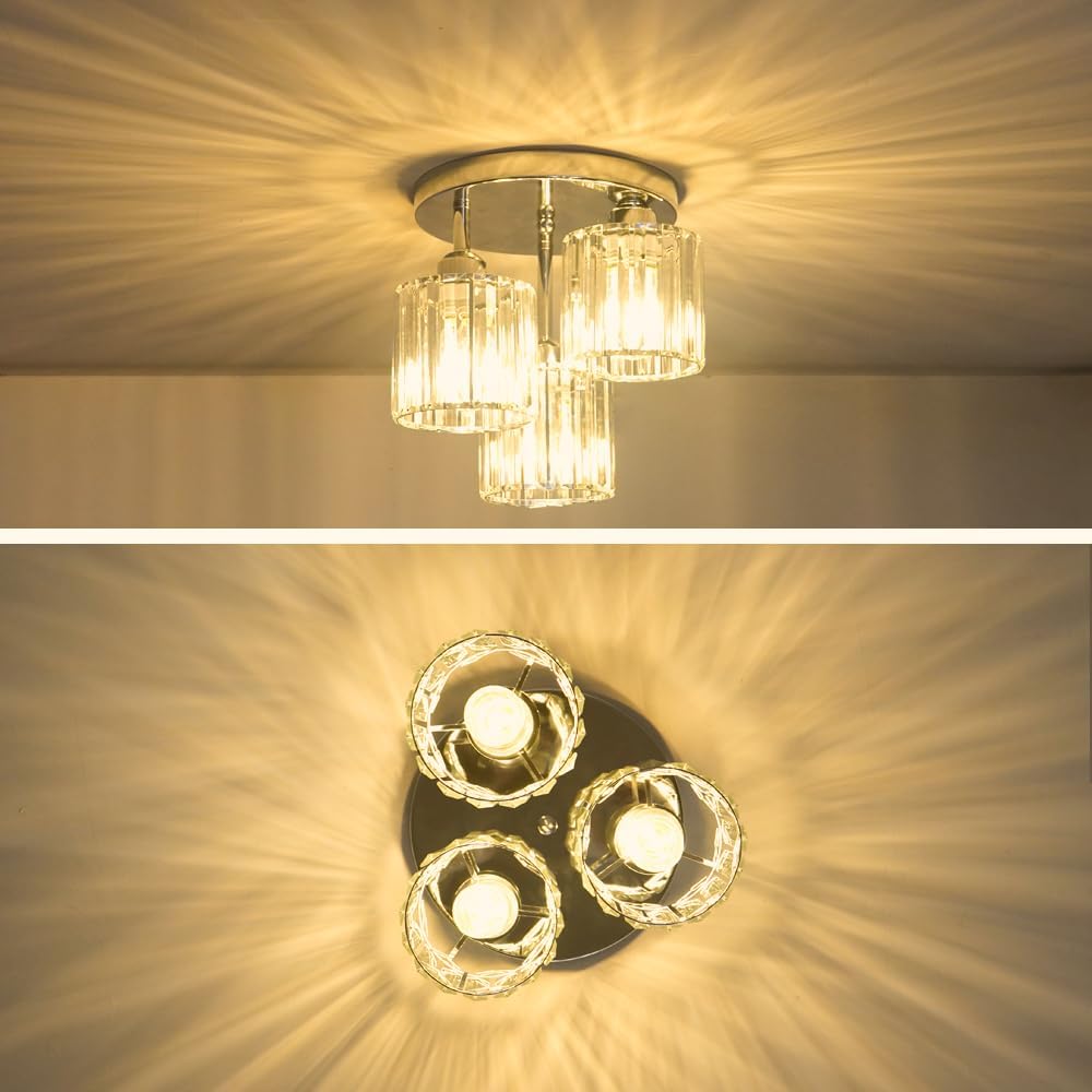 Crystal Ceiling Light Fixture, Chrome Semi Flush Mount Ceiling Light Fixture, 3-Light Hallway Lighting with Clear