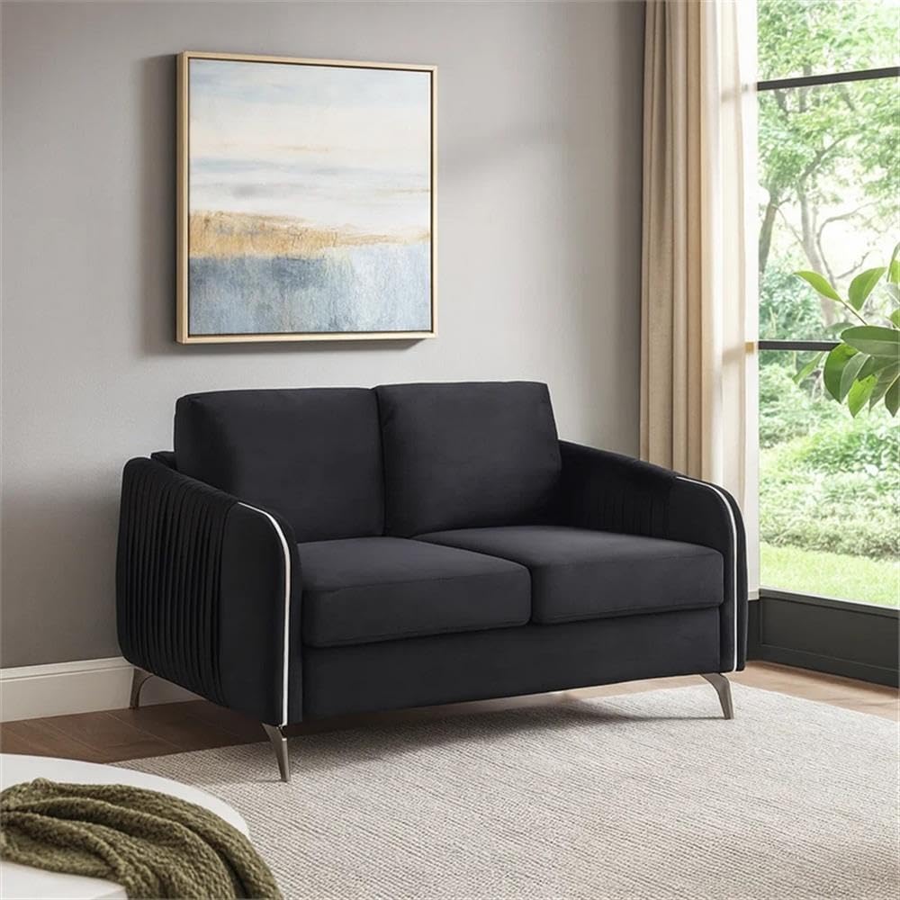54" Loveseat, Jet Black Velvet Upholstery, Vertical Quilted Back, Angled Metal Legs, Sloped Armrests with Chrome