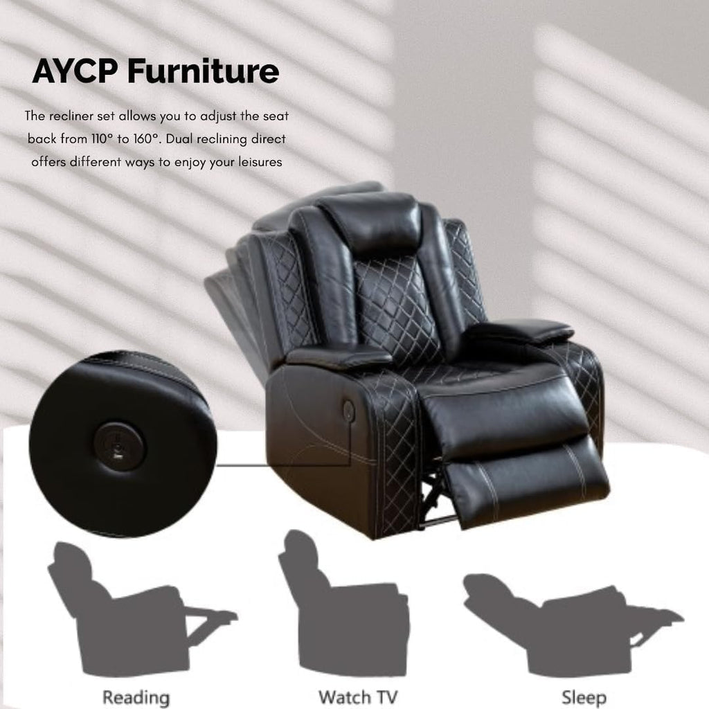 Power Recliner Set with LED Lights, Air Leather Reclining Set with USB Port/Wireless Charger/Storage Console/Cup