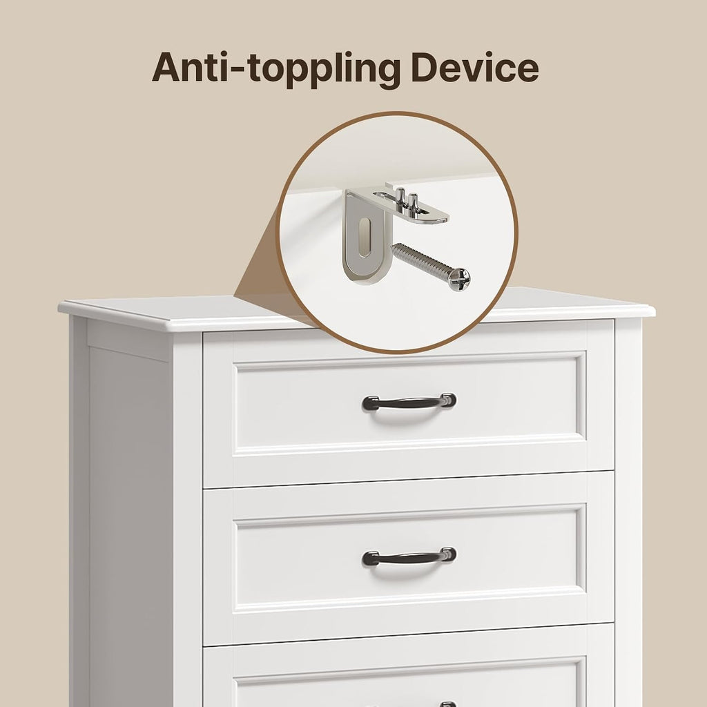 5 Drawer Dresser, White Wood Chest of Drawers , 43.3" Large Capacity Storage Cabinet with Anti-Tip Device, for