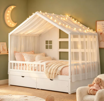 Full House BedFrame with Canopy and Storage Drawers, Montessori Bed, House Bed with Rails for Kids, White