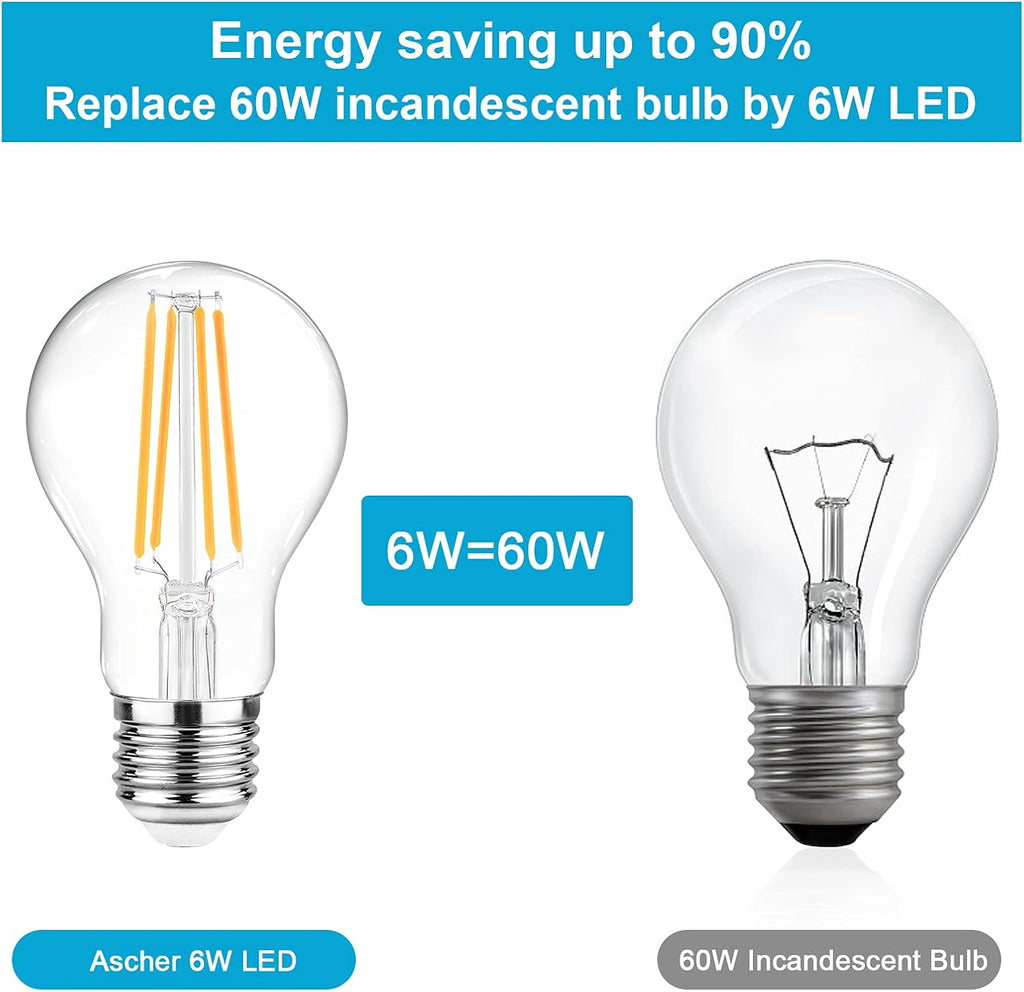 60 Watt Equivalent, E26 LED Filament Light Bulbs, Warm White 2700K, Non-Dimmable, Classic Clear Glass, A19 LED Light - Set of 6