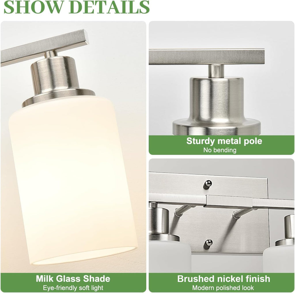 4-Light Vanity Light with Milky White Shades, Brushed Nickel Bathroom Lighting Fixtures Over Mirror, Modern Bathroom