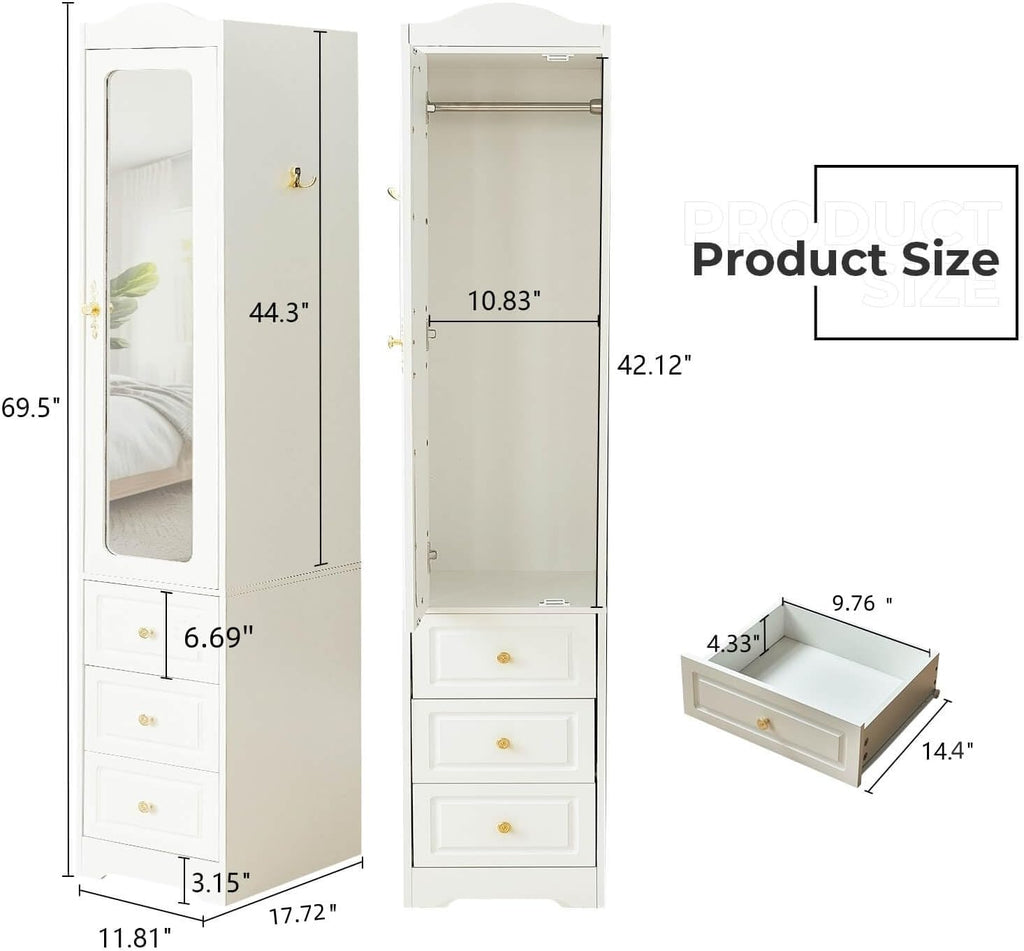 Armoire Wardrobe Closet, White Bedroom Armoires Cabinet with Mirror Door and 3 Drawers, 69.5" H Clothing Storage