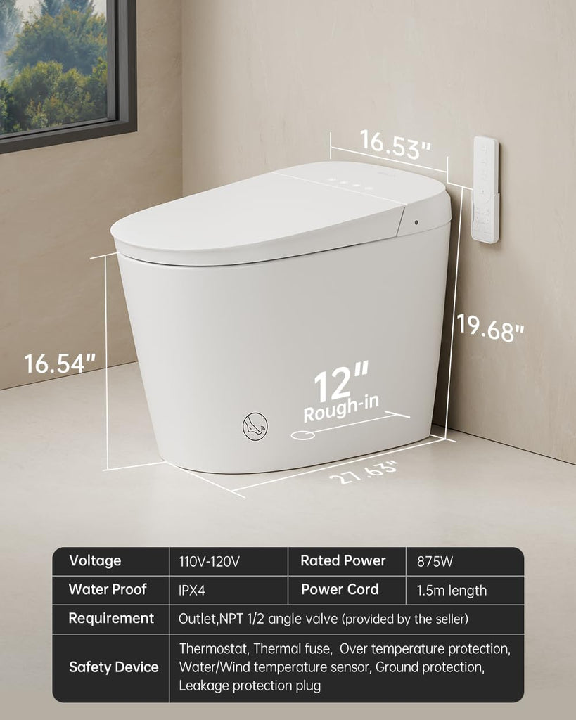 Smart Toilet Bidet with Tank Built In,Auto Open Close Lid,ADA Comfort Height,Dual Auto Flush,1000 Gram MaP