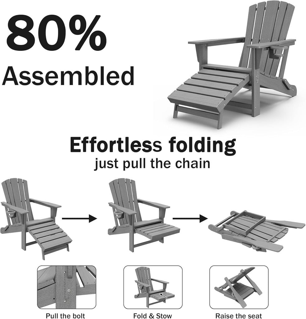 Folding Adirondack Chair with Retractable Ottoman,HDPE Outdoor Adirondack Chair with Cup Holder,All-Weather Lounge