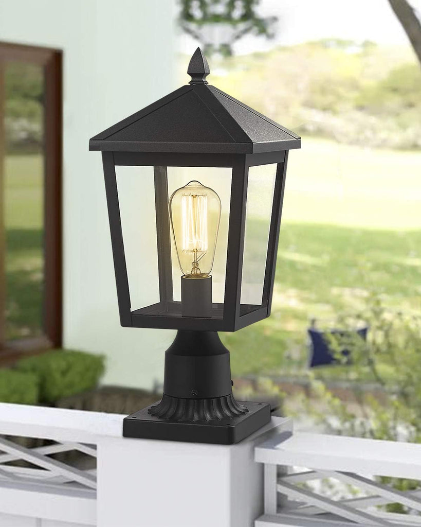 Outdoor Post Light, 16 Inch Exterior Pole Light Pillar Lantern with Clear Glass Shade and Black Finish