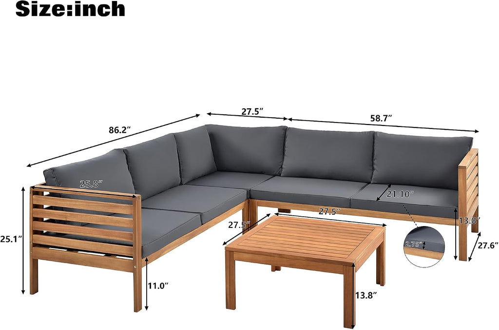 Outdoor Patio Natural Furniture Set L-Shaped Sofa Set, 4-Piece Acacia Wood Sectional Conversation Set with Loveseat