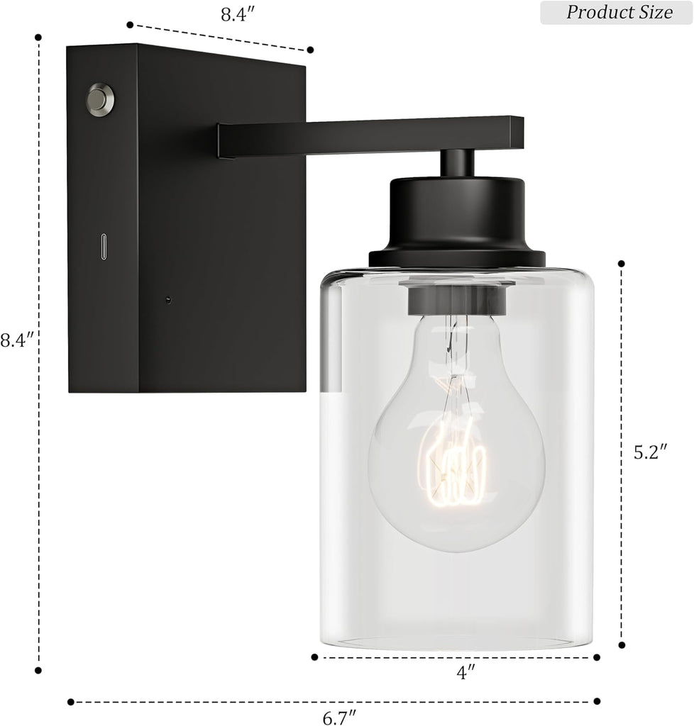 Wireless Battery Operated Wall Sconce Set of Two with Remote Control | Black Dimmable Rechargeable Wall Lights with Timer, Easy Install Glass Lamp for Living Room Bedroom, Emergency 3000K