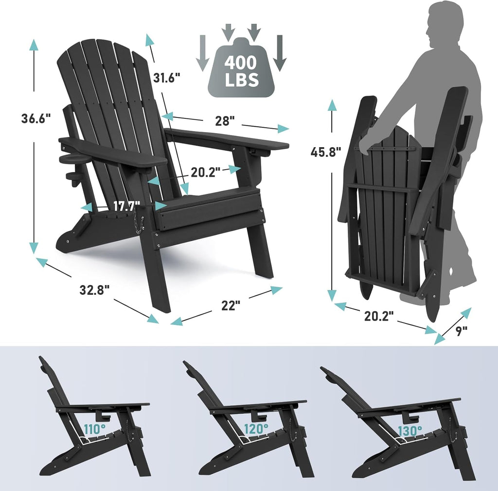 Folding Adirondack Chair with Adjustable Backrest, Fire Pit Chairs | 3-Position Adjustable Back, HDPE All Weather, No