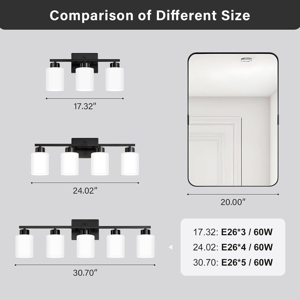 Black Bathroom Light Fixtures Vanity Lights Over Mirror | Modern 3-Light lighting fixtures with Milky White Frosted
