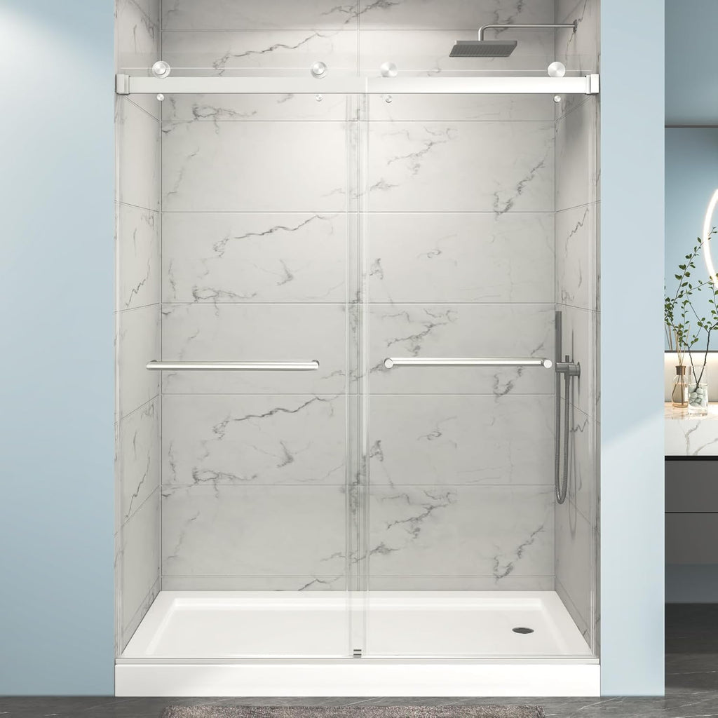 55"-60" W x 76" H Frameless Shower Door, Double Sliding Shower Door, 5/16"(8mm) Clear Tempered Glass