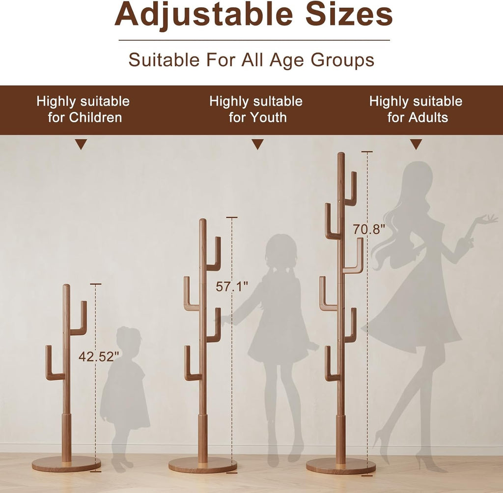 Solid Wood Cactus Coat Rack, Freestanding Coat Rack With 6 L-Shaped Hooks and 3 Adjustable Sizes, Coat Tree , Coat