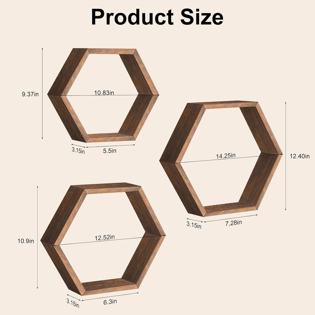 Hexagon Floating Shelves, Set of 3 Wall Mounted Honeycomb Display Shelf, Wood Hexagonal Hanging Storage Bedroom