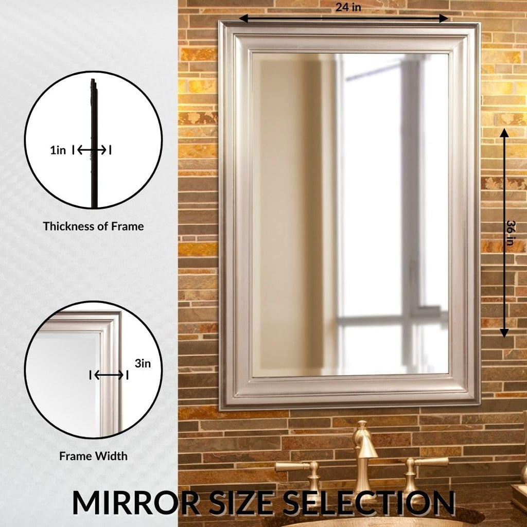 George Rectangular Bright Silver Wall Mirror, Rectangle Hanging Wood Framed Vanity Mirrors Decor, Living Room