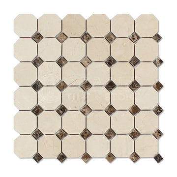 Crema Marfil Spanish Marble Octagon Mosaic Tile with Emperador Dark Dots, Polished