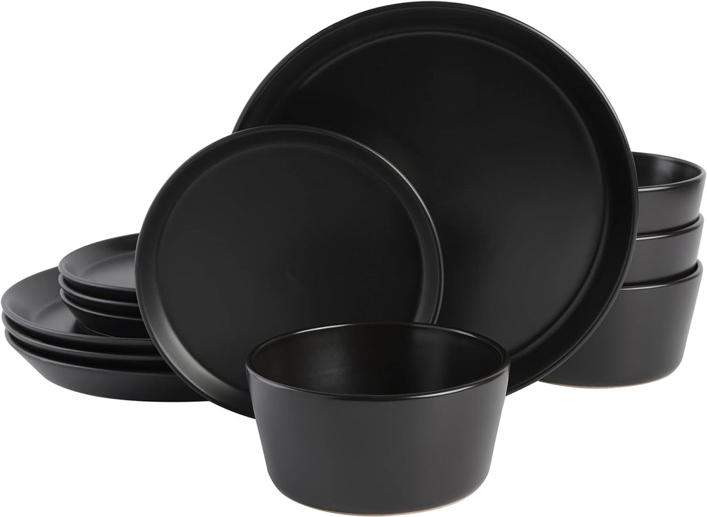 Sofia Coupe 12-Piece Stoneware Dinnerware Set, Service for 4 - Black Plates and Bowls