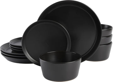 Sofia Coupe 12-Piece Stoneware Dinnerware Set, Service for 4 - Black Plates and Bowls