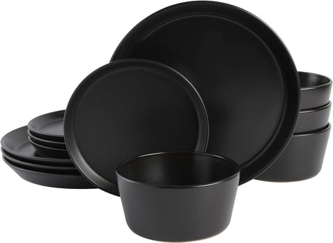 Sofia Coupe 12-Piece Stoneware Dinnerware Set, Service for 4 - Black Plates and Bowls