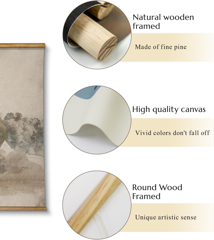 Extra Large Size Canvas Wall Art, 36x54 Vintage Scroll Hanging Landscape Print, Rustic Watercolor Countryside Scene