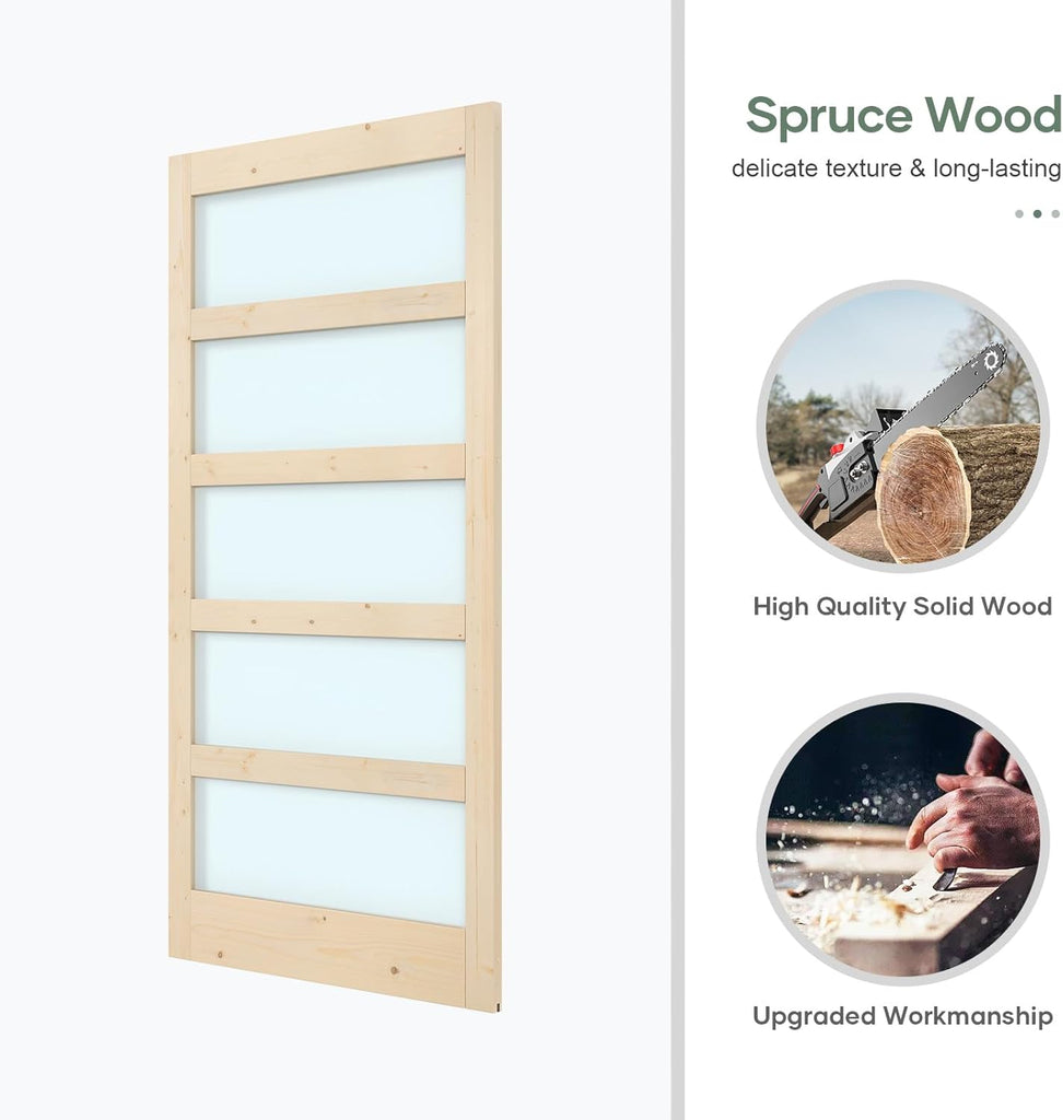 42x84 inch Glass Sliding Barn Door Slab with 7ft Hardware Kit Included, 5-Panel Frosted Glass, Spruc