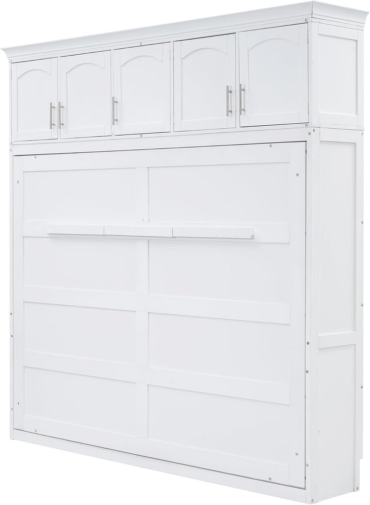 Modern Farmhouse Solid Wood Murphy Bed Chest with Top Cabinets, Tall Wall Platform Bed Space Saving/Wood Slat Support